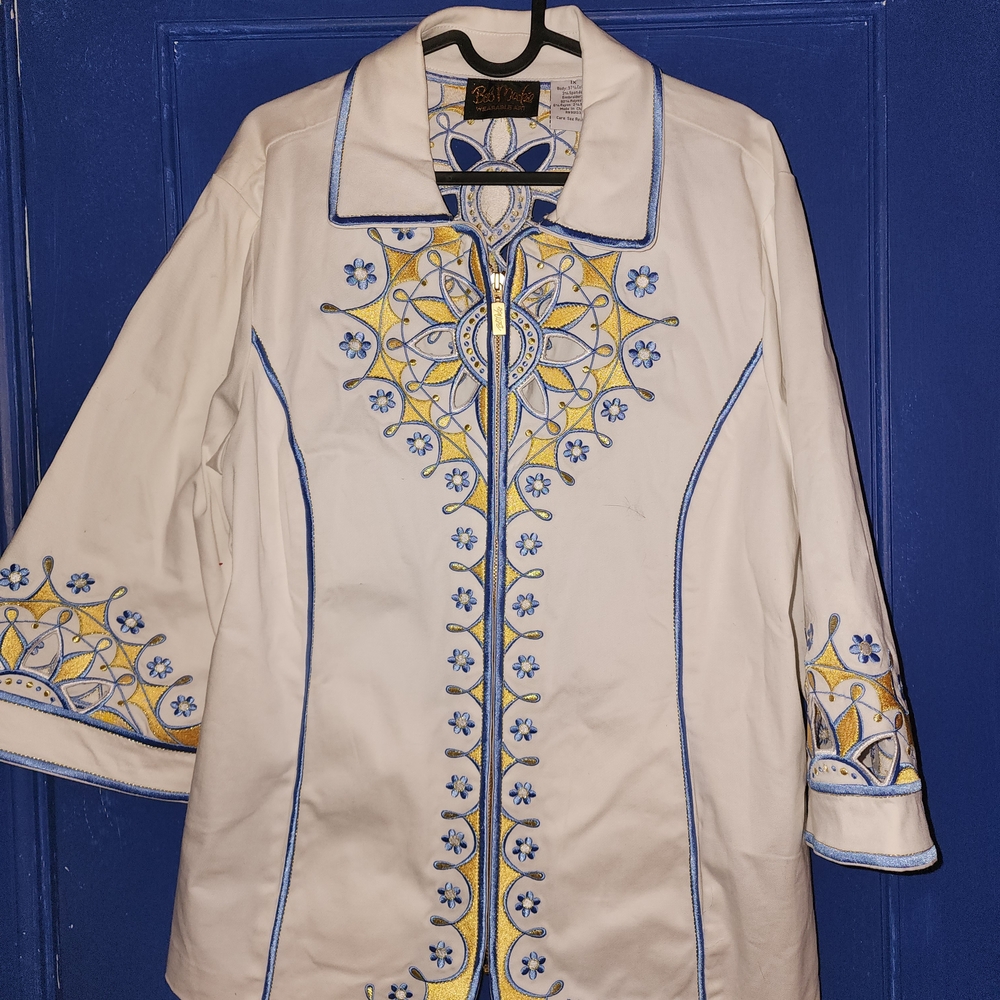 White and Blue Embroidered Women's Jacket By Bob Macke